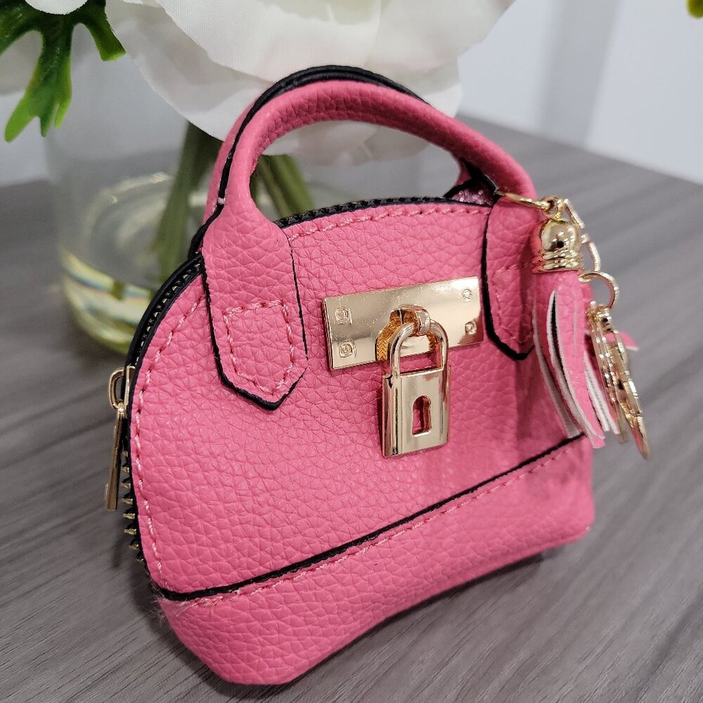 ❤️ Cute Mini Faux Leather Coin Purse Keychain Bag Charm w/ Zipper Hot Pink - Picture 3 of 5